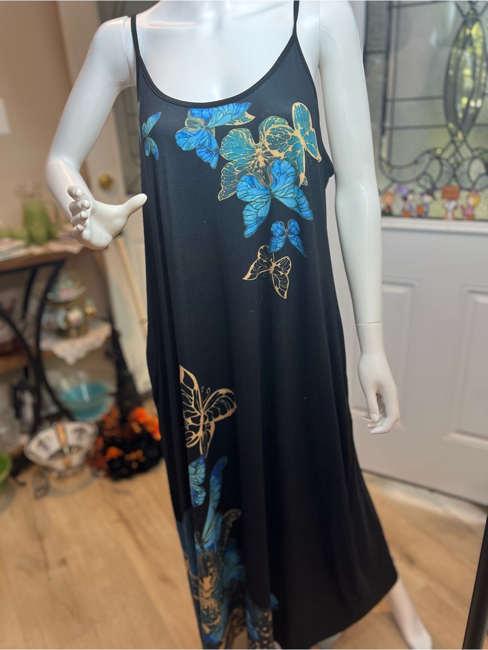 Black Floral Slip Dress with Blue Accents; adjustable straps, has pockets